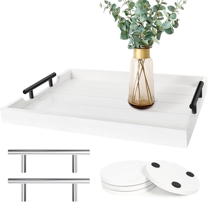SXNOWS Wood Serving Tray with 2 Sets of Handles,White | Rectangle 16.5x13 Inch Ottoman Decorative Tray for Coffee Table Kitchen Bar Living Room Breakfast in Bed, 4 Coasters Included