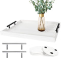 SXNOWS Wood Serving Tray with 2 Sets of Handles,White | Rectangle 16.5x13 Inch Ottoman Decorative Tray for Coffee Table Kitchen Bar Living Room Breakfast in Bed, 4 Coasters Included