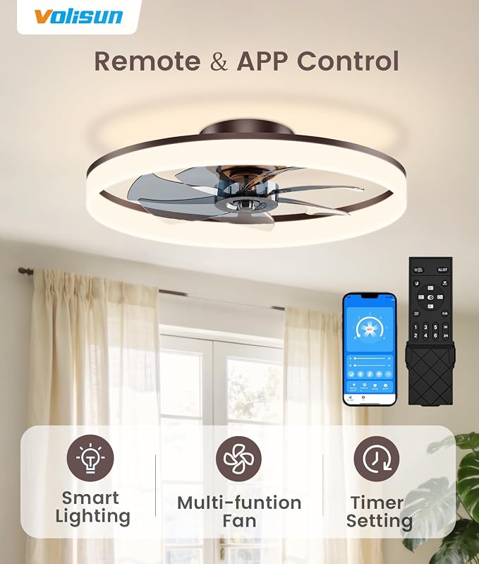 VOLISUN Low Profile Ceiling Fans with Lights and Remote, 24in Fandelier Ceiling Fan Flush Mount, 3000K-6500K Smart Bladeless LED Fan Light, Brown Modern Ceiling Fans with Lights for Bedroom
