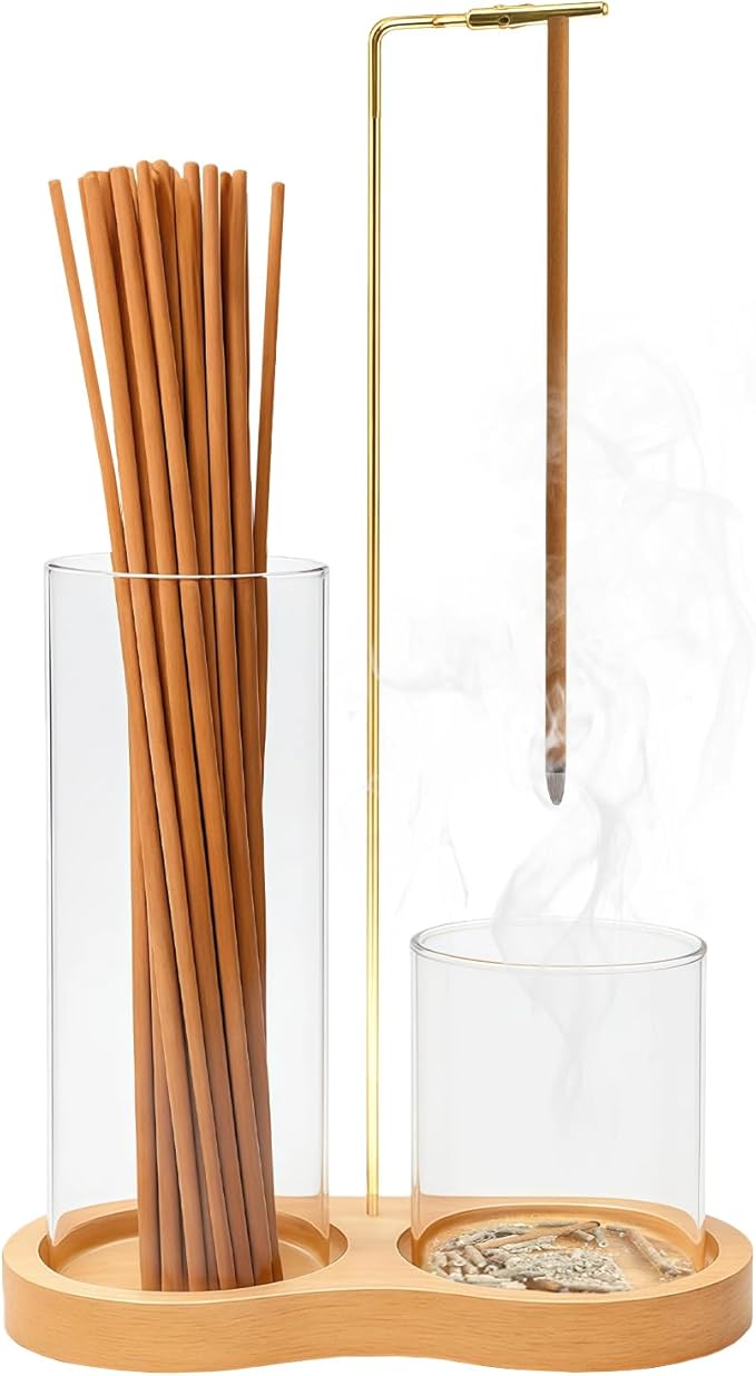 Anti Ash Flying Glass Incense Sticks Holder - 2 in 1 Modern Vertical Incense Burner with Removable Glass Ash Catcher & Wood Base for Spa,Meditation,Yoga,Zen Home Decor