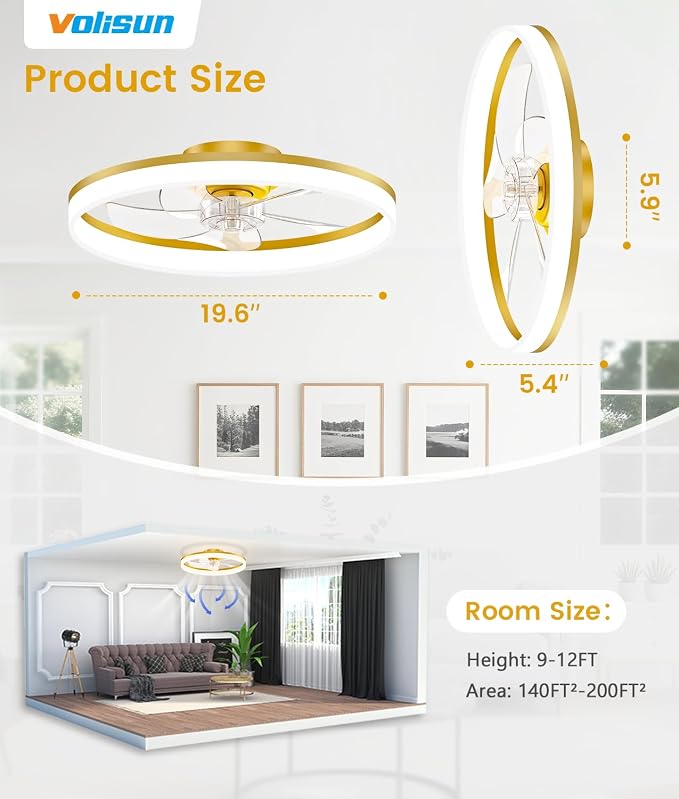 VOLISUN Low Profile Ceiling Fans with Lights and Remote, 20in Fandelier Ceiling Fan Flush Mount, 3000K-6500K Smart Bladeless LED Fan Light, Gold Modern Ceiling Fans with Lights for Bedroom
