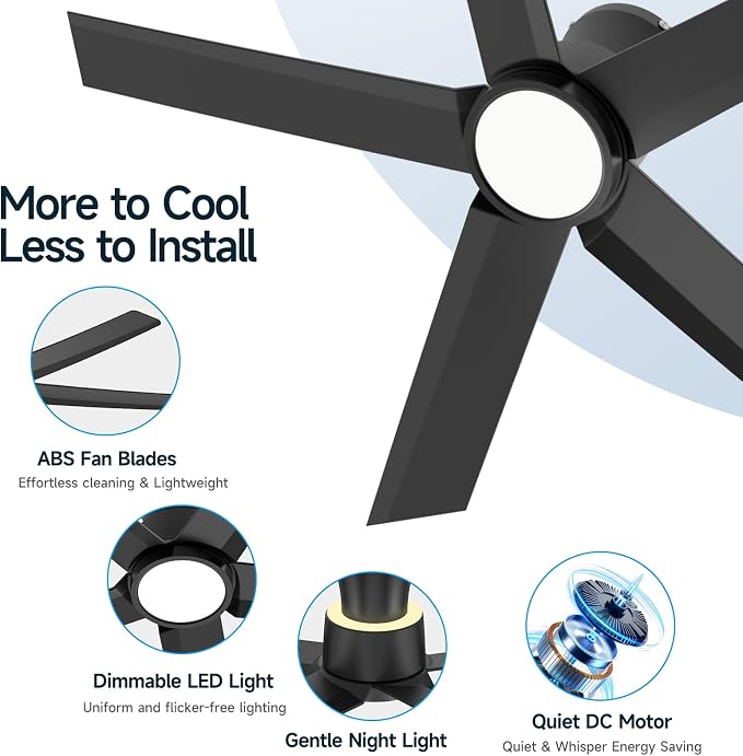 ocioc 44 Inch Ceiling Fans with Lights, Large Air Volume Ceiling Fan with Nightlight, Ultra Quiet Reversible DC Motor with Remote（Black）