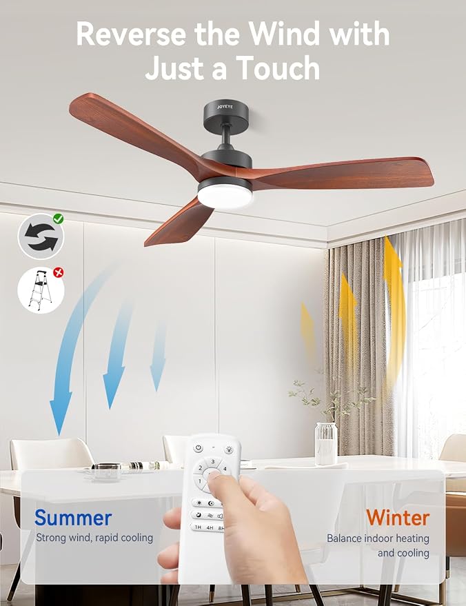 52 Inch Ceiling Fans with Lights and Remote, Solid Wood 3 Blade Modern Ceiling Fan, Quiet DC Motor, 6 Speeds, Dimmable LED, Timer, Indoor & Covered Outdoor Living Room, Bedroom, Patio (Dark Walnut)