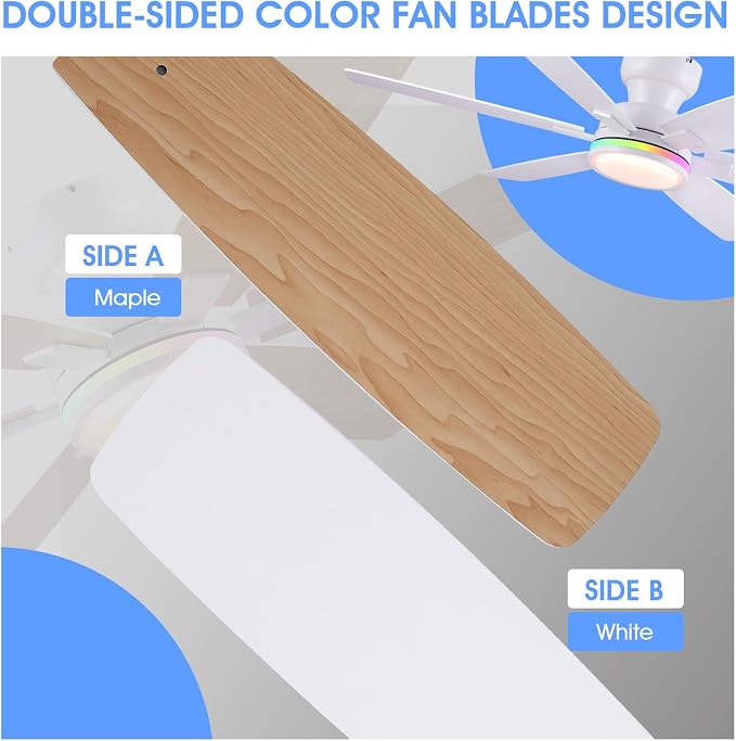 Kviflon 52 in Ceiling Fans with RGB Lights Remote/APP Control, Flush Mount Ceiling Fans, Double-Sided 6 Reversible Blades, RGB Ring Lights+3 CCT Dimmable Lights, Double Lampshade for Bedroom, White