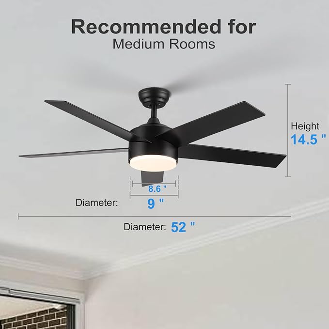 POCHFAN 52 inch Black Ceiling Fans with Lights and Remote Control, Noiseless Modern Ceiling Fan for Bedroom, Living Room, Dining Room, Dimmable 3CCT 6-Speed ETL Listed