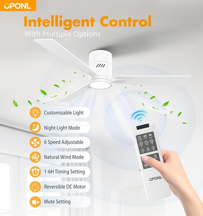 OPONL Ceiling Fan with Light, 52 inch Low Profile Ceiling fan with Light and Remote Control, Reversible, 6CCT, Dimmable, Noiseless, White Ceiling Fan for Bedroom, Indoor/Outdoor Use, Classic