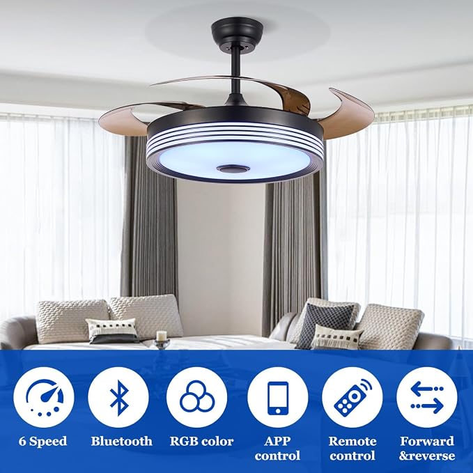 42 inch Modern Retractable Ceiling Fan with Lights and Remote Control, 6Speed Dimmable Fandelier, Smart Ceiling Fan Light with Bluetooth Speaker, RGB Color Reversible Bedroom Living Room Black