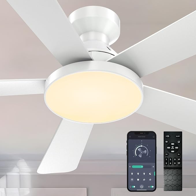 Ceiling Fans with Lights, 46" Low Profile Ceiling Fan with Light, Remote/App Control, Flush Mount Ceiling Fan for Bedroom, Indoor/Outdoor (White)