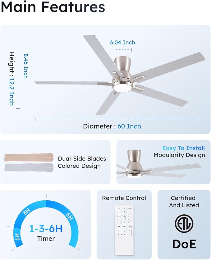 60'' Flush Mount Brushed Nickel Ceiling Fan with Light & Remote, ETL Listed | 6 Speed, Quiet DC Motor, 3-Level Timer Function, 3 Color Temperature, Forward/Reserve For all Seasons, Indoor/Covered Outdoor