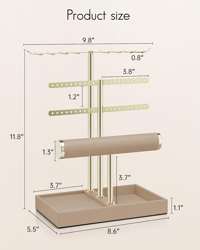 VLANDO 3 Tier Jewelry Stand Organizer with Tary, Leather Jewelry Holder Display for Women, Gold Jewlery Holder Display for Necklace, Earring, Bracelet, Rings - Toffee
