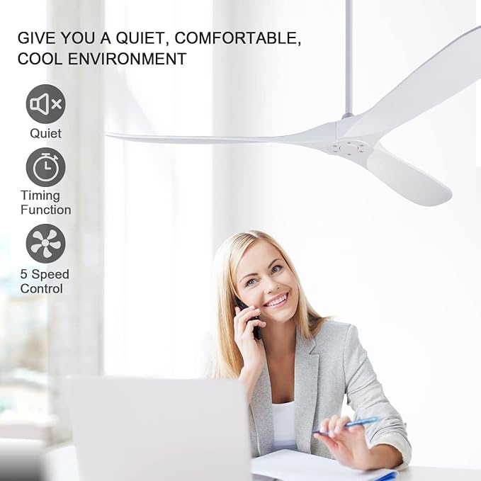 Large Ceiling Fans without Lights, 72 Inch Ceiling Fan no Light with Remote Control, 3 Solid Wood Blades Indoor Outdoor Fans Ceiling for Patios Porch Living Room Office (White Blades)