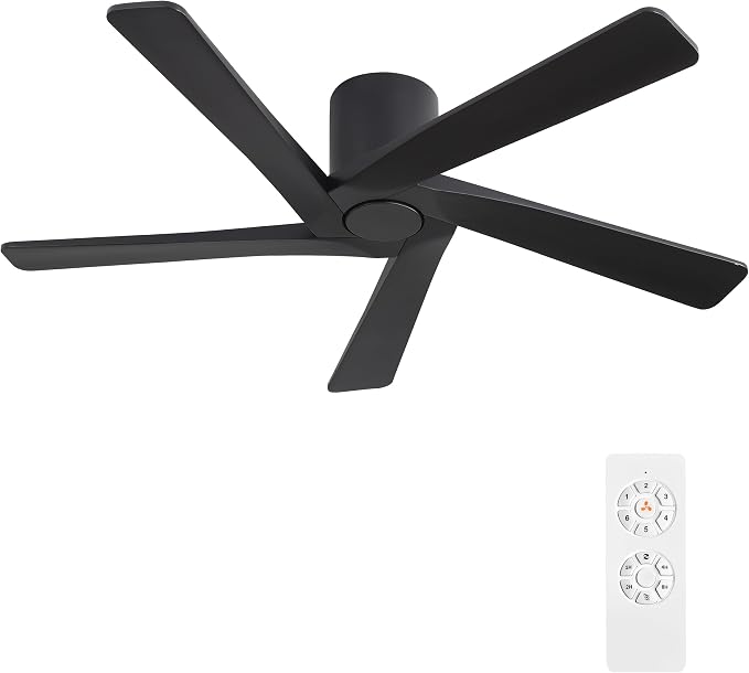 WINGBO 48 Inch Flush Mount DC Ceiling Fans without Lights, 5 Carved Solid Wood Blades, 6-Speed Reversible DC Motor, Low Profile Hugger Ceiling Fan No Lights for Indoor and Outdoor, Matte Black