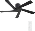 WINGBO 54 Inch Flush Mount DC Ceiling Fans without Lights, 5 Carved Solid Wood Blades, 6-Speed Reversible DC Motor, Low Profile Hugger Ceiling Fan No Lights for Indoor and Outdoor, Matte Black
