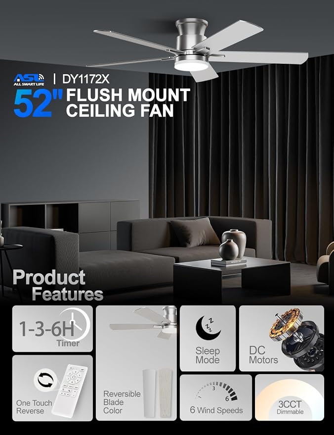 Ceiling Fans with Lights 52 Inch, Flush Mount, Remote Control, 3CCT Dimmable, 6 Speeds, Quiet Reversible DC Motor, Low Profile Silver Nickel Ceiling Fan for Bedroom, Living Room, Indoor/Outdoor, ETL