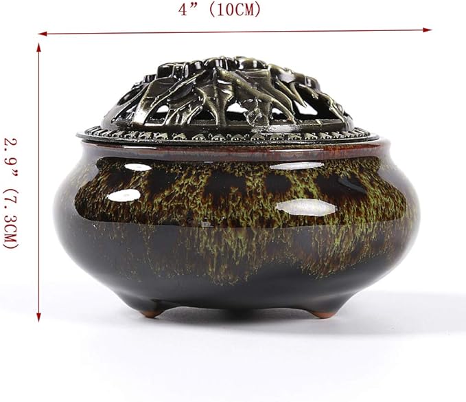 Incense Burner with Calabash Incense Stick Holder - Porcelain Charcoal Censer for Use with Resin Granular Powder Cone or Coil Incense (Fambe Green)