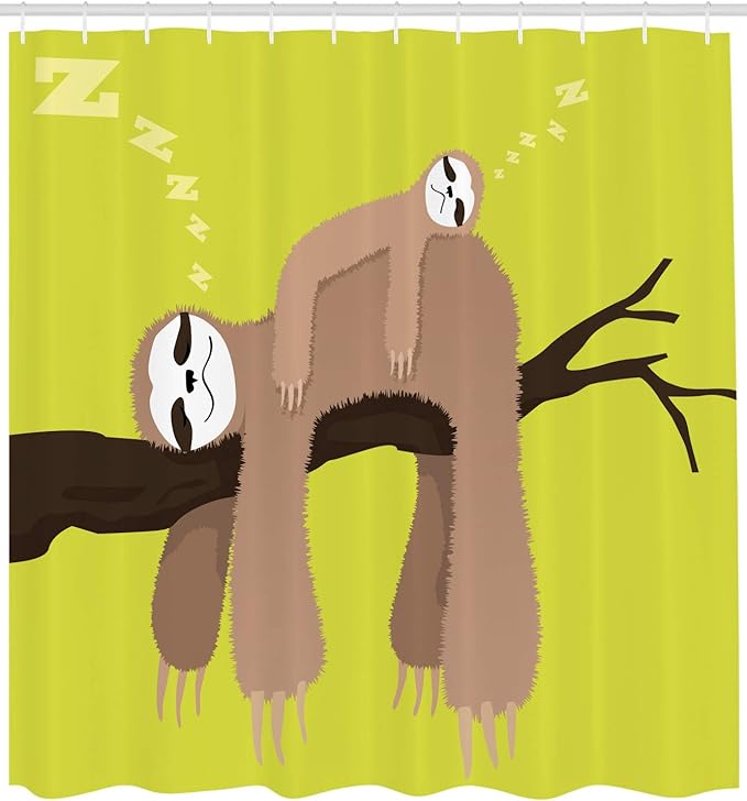 Ambesonne Sloth Shower Curtain, Cartoon Mother Sleeping on Branch Animal on Her Back Carefree Family, Cloth Fabric Bathroom Decor Set with Hooks, 69" W x 75" L, Cocoa Apple Green