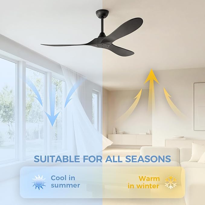Obabala Black Ceiling Fan No Light, 52" Outdoor Fans for Patios/Porch/Bedroom/Kitchen with Remote, Noiseless, 3 Downrods, 6 Speed, Reversible DC Motor, Modern, 3 Blades, Timer