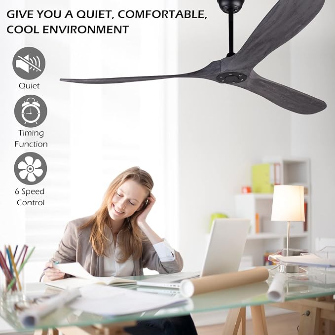 72 Inch Ceiling Fan No Light ，Wood Outdoor Ceiling Fans for Patios Living Room Gazebo Mid Century Modern Exterior Extra Large Ceiling Fan without Light with Downrod(Grey)