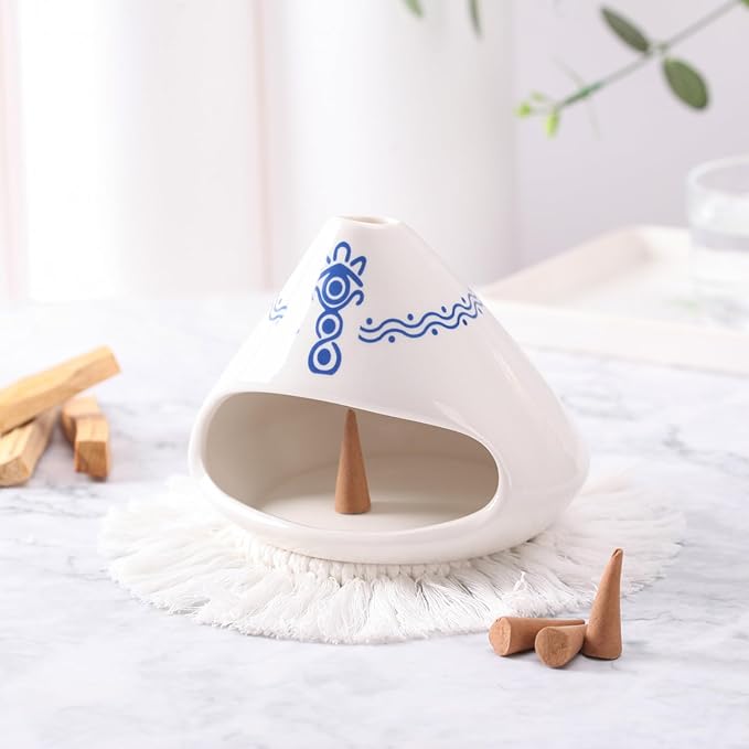 Ceramic Palo Santo Holder Burner,Incense Cone Holder,Mini Chiminea for Palo Santo Sticks and Sage Burner,with Handmade Heat Insulated Mat,Dust Brush,Metal Tweezer. (White and Blue)