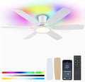 BYKISTOK 55In Flush Mount Ceiling Fan with RGB Light - White Modern Ceiling Fan with 6 Dual-Sided Blades, Reversible DC Motor, Low Profile Fan Light Fixture for Indoor Bedroom, Outdoor Patios