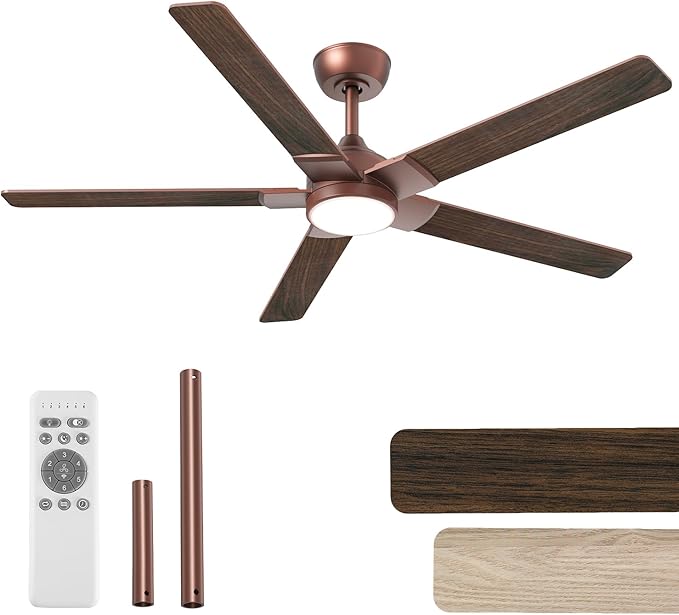 OPONL Ceiling Fan with Light, Ceiling fan with Light and Remote Control, Reversible, 6CCT, Dimmable, Noiseless, Ceiling Fan for Bedroom, Indoor/Outdoor Use, Brown, 52 inch, Modern