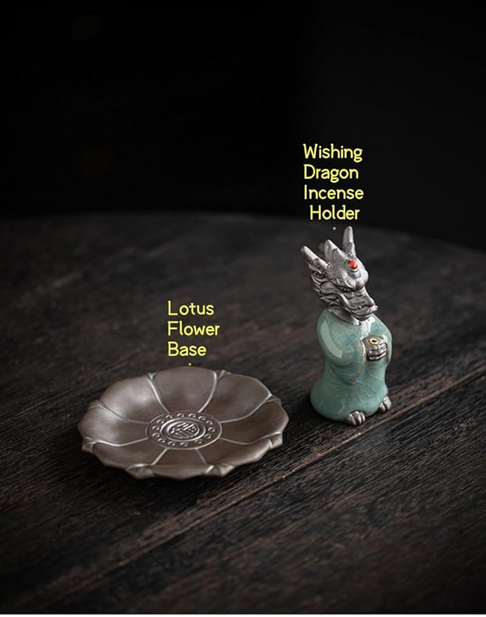 Lucky Dragon Incense Holder with 30 Incense Sticks, Handmade Incense Stick Burner, Lotus Flower Base, Elegant Home Office Decoration Accessories