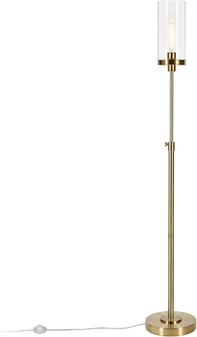 Henn&Hart 66" Industrial 1-Light Floor Lamp with Clear Glass Cylinder Shade for Living Room, Bedroom, or Office, Gold