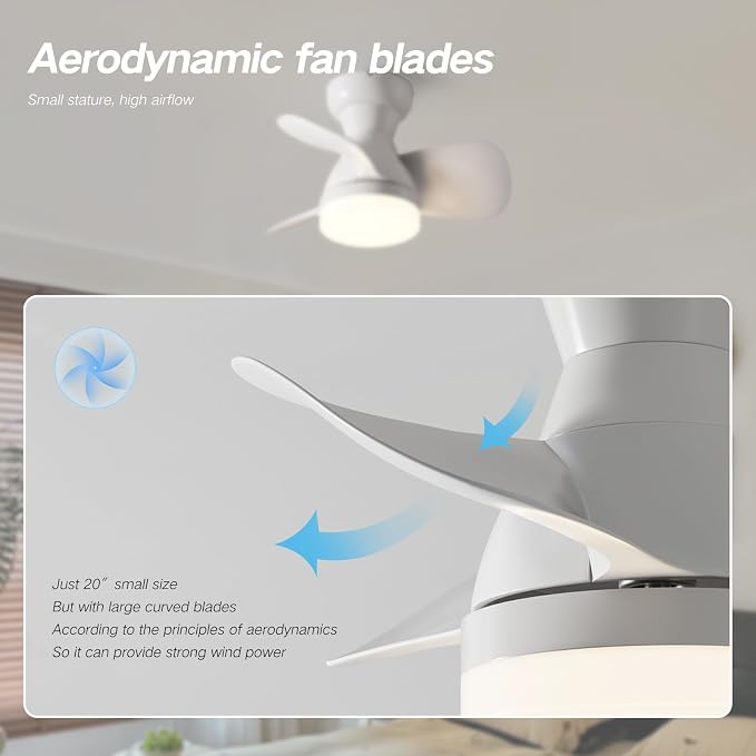 20 Inch Ceiling Fan with Light, 3 ABS Blades, White Small Ceiling Fan with Remote Control, Suitable for Living Room, Dining Room, Bedroom