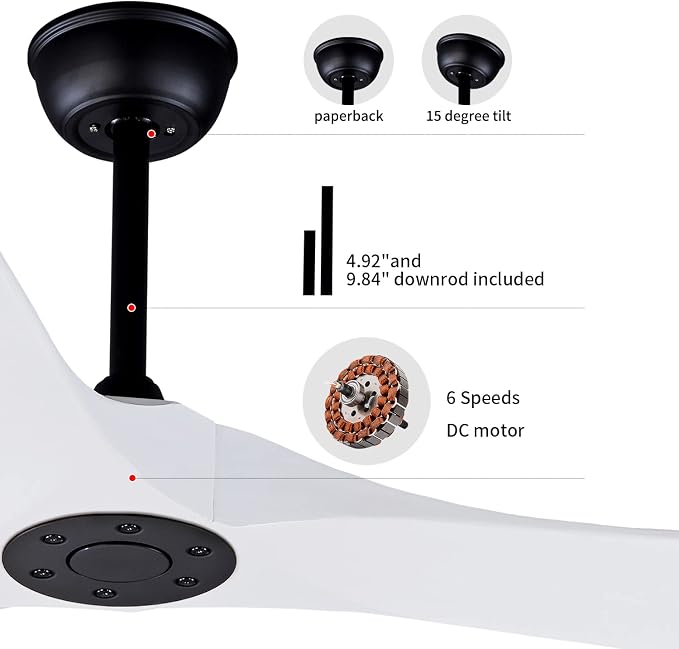 Bigzone 60" White Ceiling Fan Without Lights,DC Motor Quiet Energy Saving,3 White Balsa Wood Blades,Outdoor/Indoor Ceiling Fan With Remote Control，Reversible Blades | 6 Speeds Available, Noiseless, fit for Flat/Sloped Ceiling, White Wood Blades, desgin...