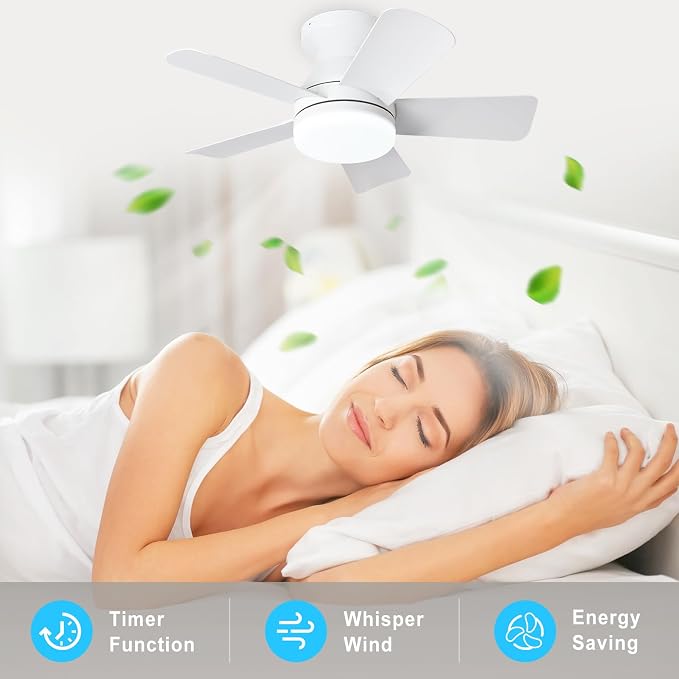 Depuley Modern Ceiling Fan with Light: 25-Inch White Small Fans for Bedroom Indoor Outdoor - Dimmable Low Profile Ceiling Fans with Remote Control Flush Mount 5 Reversible White Blades 6 Speeds Timer