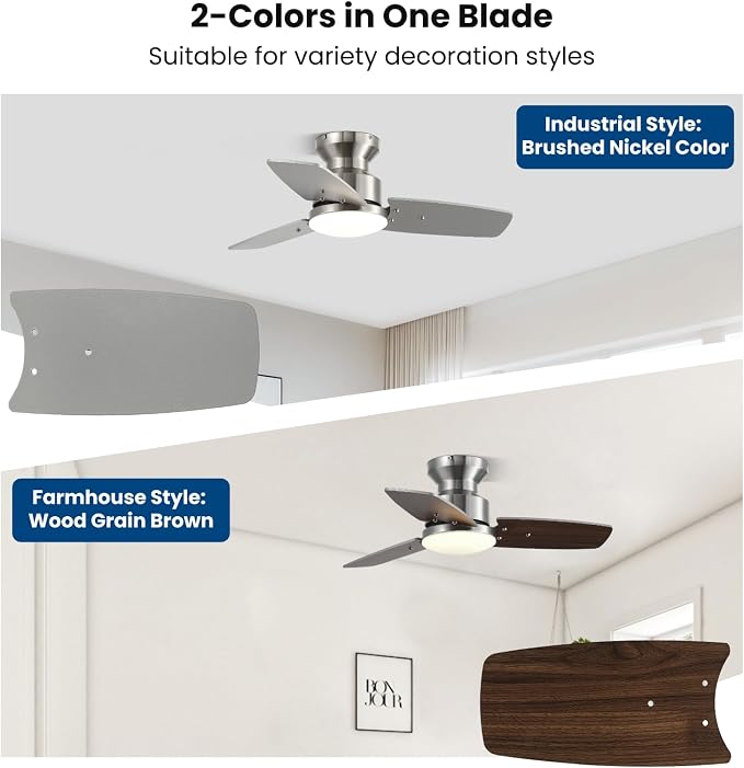 30 Inch Ceiling Fans with Lights and Remote, Bedroom Living Room Office, Flush Mount, 6CCT Dimmable, Dual Color 3 Blades 6 Speed Reversible Quiet DC Motor, Sand-Nickel/Wood Grain, 2 Pack