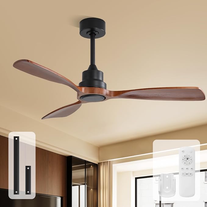 Sofucor 48 Inch Ceiling Fan No Light-Outdoor Ceiling Fans Without Lights, 3 Solid Wood Blades Quiet DC Motor, Modern Ceiling Fan with Remote Control for Indoor Bedroom/Living Room/Patios, Black&Walnut