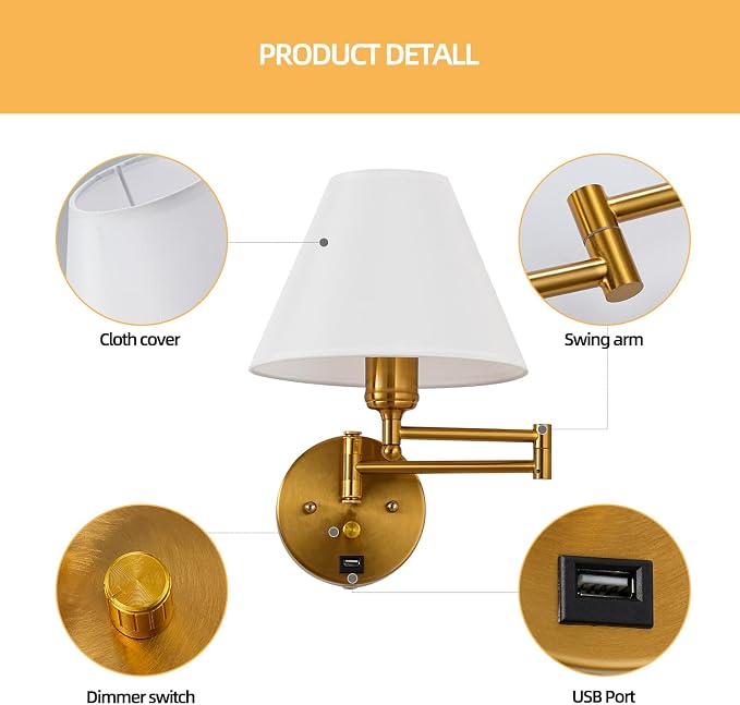 Swing Arm Wall Sconces, Plug-in Wall lamp,Bedroom Wall lamp ， White Fabric Shade，，with dimmable Switch and USB Charging Port, Suitable for Bedside, Living Room, Reading (Golden)