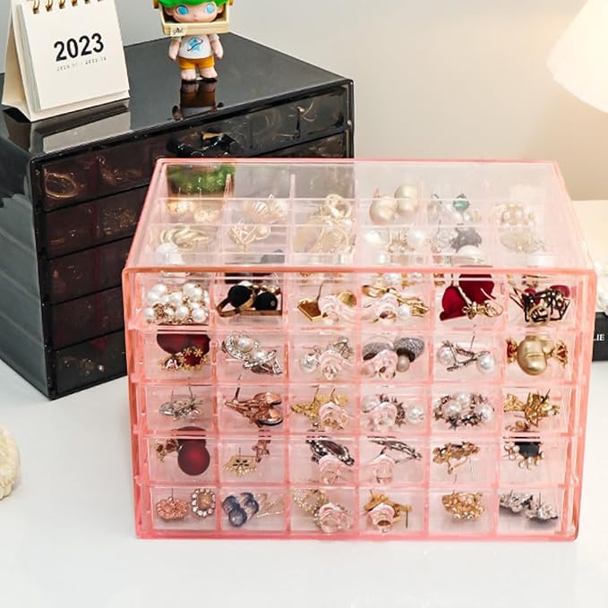 YUFONG Earring Storage Box Organizer, Acrylic Jewelry Storage Box Holder 5 Drawers Transparent Jewelry Display Stand with 120 Small Compartments Gift Boxes for Women Girls (Clear Pink)