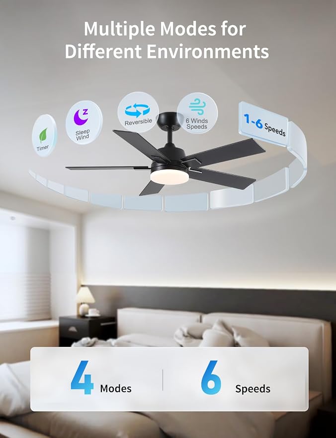 Rayqueen 42 Inch Black Ceiling Fans with Lights and Remote,Includes Downrod | 6 Speed Reversible DC motor,3-color temperature dimmable LED.For indoor/covered outdoor.Modern style for bedroom room