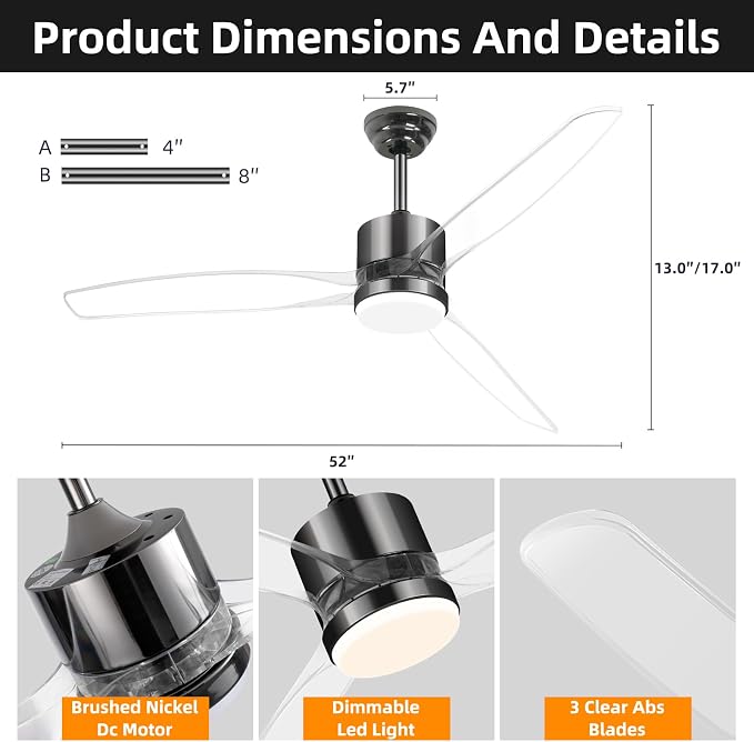 OKELI 52" Smart Ceiling Fan with Light, WiFi Enabled for Alexa & App Control, Reversible Black Modern Ceiling Fan with Dimmable LED Light and Remote, Clear Blades for Living Room Bedroom