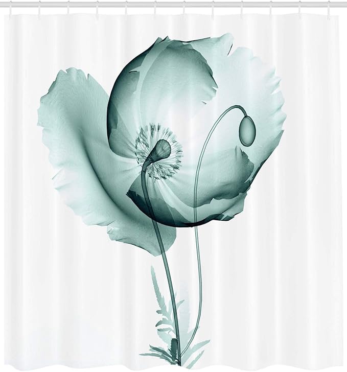 Ambesonne Flower Shower Curtain, Poppy Flower Blooms Meadow Garden Floral Radiographs Unusual Rare Art Print, Cloth Fabric Bathroom Decor Set with Hooks, 69" W x 70" L, Teal White