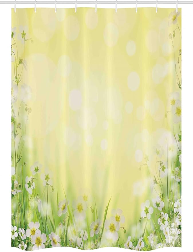 Ambesonne Flower Stall Shower Curtain, Blossom Field with Fresh Grass Soft Springtime Blurred Illustration, Fabric Bathroom Decor Set with Hooks, 54" W x 78" L, Yellow Green