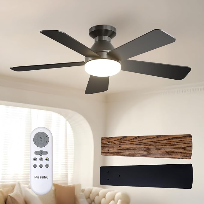 Passky Ceiling Fans with Lights, 42 inch Flush Mount Ceiling fan with Remote Control, Low Profile Ceiling Fan for Bedroom, Farmhouse, Reversible, 3CCT, Dimmable, Noiseless DC Motor, Black