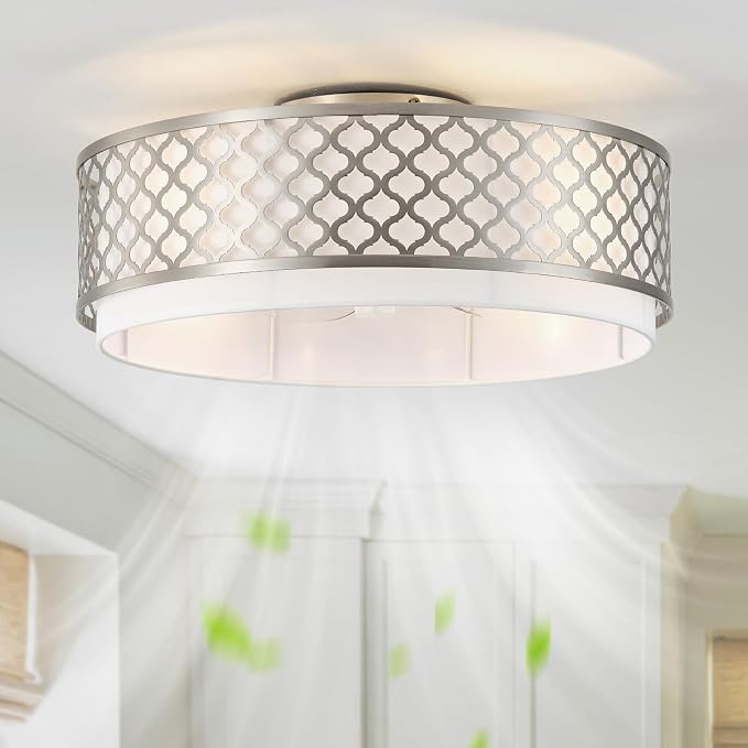20" Silver Flush Mount Ceiling Fan with Light, Boho Ceiling Fans with Lights Low Profile, Enclosed with Remote Control 6 Speeds for Living Room, Bedroom, Nursery