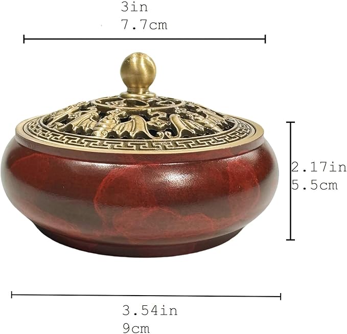 Red Brass Incense Burner with Stick Holder & Fireproof Cotton - Compatible with Cone, Charcoal Disc, Coil Incense | Handcrafted Durable Design for Home Altar, Meditation, Yoga
