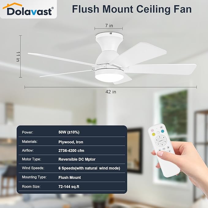 Ceiling Fans with Lights, 42 Inch Low Profile Ceiling Fan with Light and Remote Control, Flush Mount, Reversible, 3CCT, Dimmable LED, Quiet, White Ceiling Fan for Bedroom, Kitchen