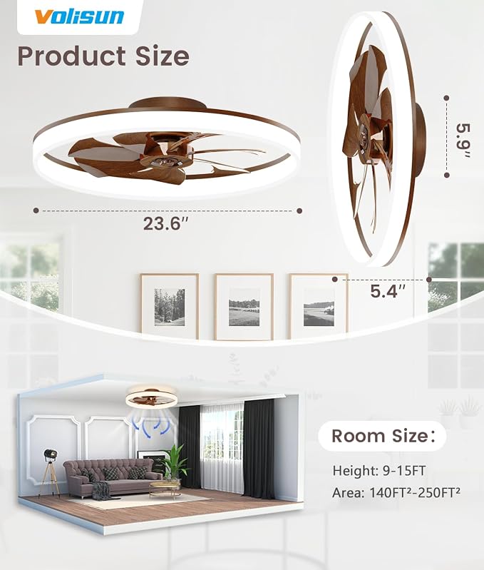 VOLISUN Low Profile Ceiling Fans with Lights and Remote, 24in Fandelier Ceiling Fan Flush Mount, 3000K-6500K Smart Bladeless LED Fan Light, Farmhouse Ceiling Fans with Lights for Bedroom(Wood)