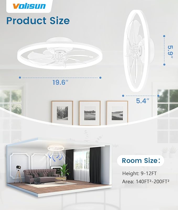 VOLISUN Low Profile Ceiling Fans with Light and Remote, No Assembly, 20in Fandelier Ceiling Fan with Lights, 3000K-6500K Dimmable Flush Mount LED Fan Light, White Bladeless Ceiling Fans for Bedroom