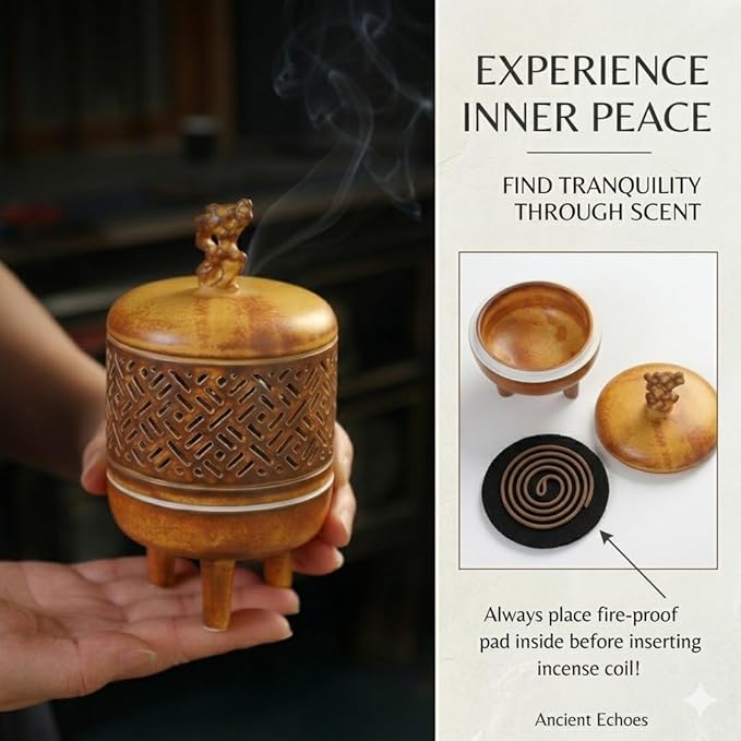 Antique Incense Holder Ceramic Incense Burner Chinese Tripod Stove Ding for Cone, Stick and Coil Incense for Yoga, SPA, Meditation