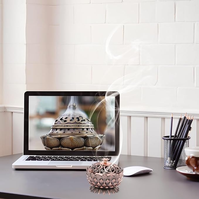 Vintage Zinc Alloy Incense Burner, Feng Shui Lotus Censer with Copper Ash Catcher for Meditation and Home Energy Cleansing Incense Burners Vintage Metal Burner Zinc Alloy Lotus Censer