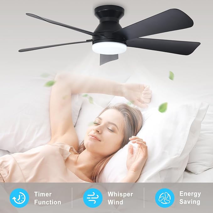 Depuley Modern Ceiling Fan with Light: 42-Inch Black Small Fans for Bedroom Indoor Outdoor - Dimmable Low Profile Ceiling Fans with Remote Control Flush Mount 5 Reversible Black Blades 6 Speeds Timer