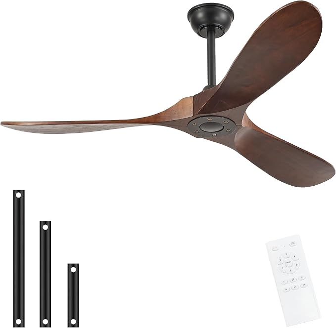 52'' Solid Real Wood Ceiling Fan no Light,DC Motor 6 Speeds Adjustable with Large Airflow,Outdoor Ceiling Fan Dark Walnut Finished for Garage,Gazebo,Living Room,Bedroom
