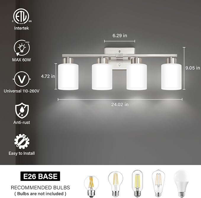 FonmYim Brushed Nickel Bathroom Light Fixtures, 4-Light Modern Vanity Light Over Mirror, Wall Sconces with Milky White Frosted Glass Shades, E26 Socket (Bulbs Not Included)