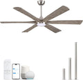 60 Inch Smart Outdoor Ceiling Fan with Light, Modern Farmhouse Style, Works with Alexa/App/Remote, 6 Gray Solid Wood Blades, Damp Rated Quiet DC Motor for Patios, Covered Porches & Indoor Bedrooms